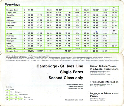 Cambridge - St Ives May 1969 timetable inside
