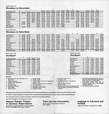 May 1978 Norwich - Sheringham timetable rear