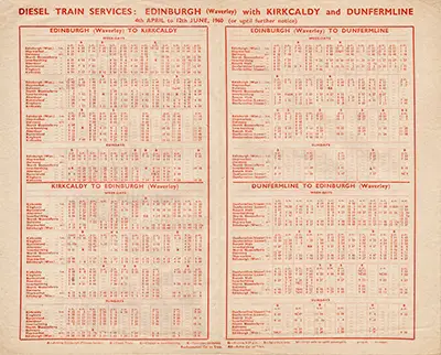 Edinburgh - Kirkcaldy and Dunfermline April 1960 timetable rear