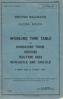 May 1973 Eastern Region Section H Working Timetable cover