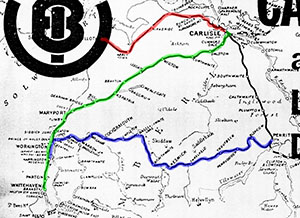 Map with three railway routes highlighted in three colours
