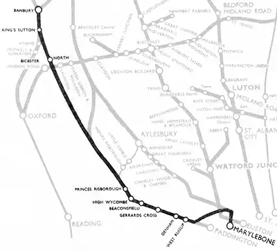 Route diagram of the Banbury - Marylebone line