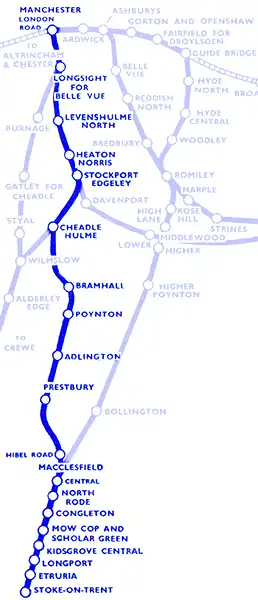 Route diagram of Manchester - Stoke-on-Trent lines