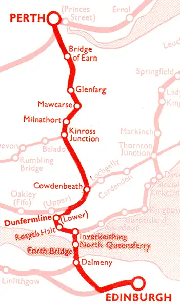 Route diagram of Edinburgh - Perth railway