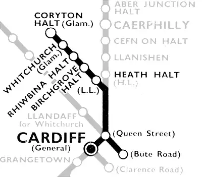 route diagram Coryton to Cardiff showing stops