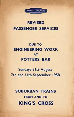 Cover of revised timetable booklet August 1958 Kings Cross suburban services