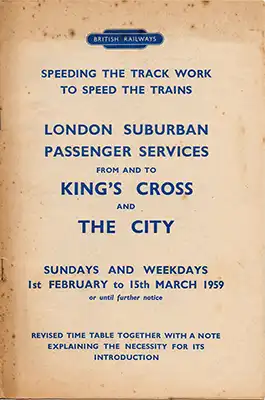 Cover of revised timetable booklet February 1959 Kings Cross suburban services