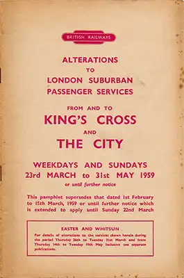 Cover of revised timetable booklet March 1959 Kings Cross suburban services