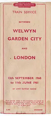 September 1960 Welwyn Garden City - London timetable front