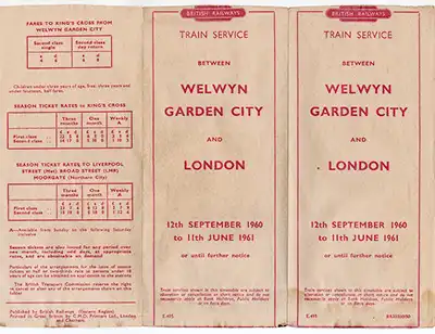 September 1960 Welwyn Garden City - London timetable outside