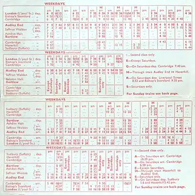 Inside of Audley End - Bartlow September 1962 timetable