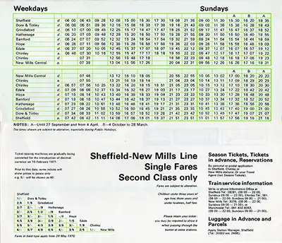 Inside of January 1970 Sheffield - New Mills timetable