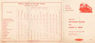 April 1958 Nottingham - Lincoln timetable outside