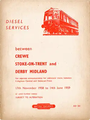 Front of November 1958 Crewe - Stoke-on-Trent - Derby timetable