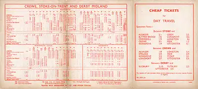 Inside of November 1958 Crewe - Stoke-on-Trent - Derby timetable