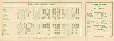 Inside of September 1963 Crewe - Stoke-on-Trent - Derby timetable