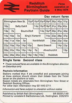 Back of May 1974 Redditch - Birmingham timetable