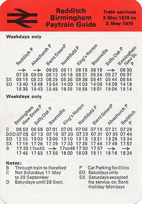 Front of May 1974 Redditch - Birmingham timetable