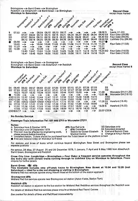 Inside of May 1979 Birmingham - Bromsgrove and Redditch timetable