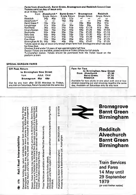 Outside of May 1979 Birmingham - Bromsgrove and Redditch timetable