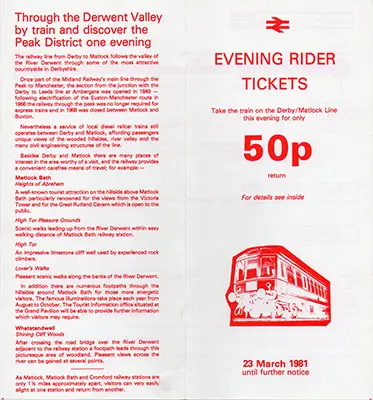 March 1981 Matlock Evening Rider Tickets timetable outside