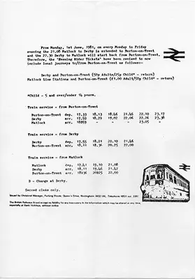 June 1981 Matlock timetable insert