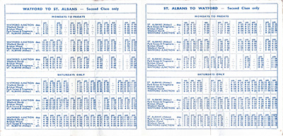 Inside of September 1962 Watford - St Albans timetable