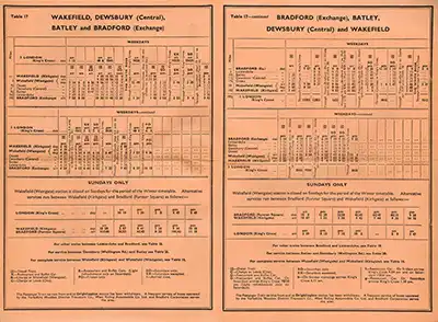 Inside of November 1962 Bradford - Wakefield timetable