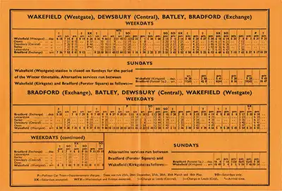 Inside of September 1963 Bradford - Wakefield timetable