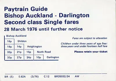 March 1976 Bishop Auckland - Darlington Fares