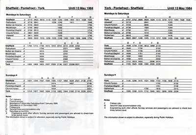 October 1983 Sheffield - Pontefract - York timetable inside