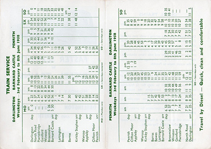 Darlington - Barnard Castle and Penrith February 1958 timetable inside