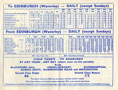 Inside of Edinburgh Suburban Line September 1961 timetable