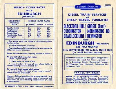 Outside of Edinburgh Suburban Line September 1961 timetable