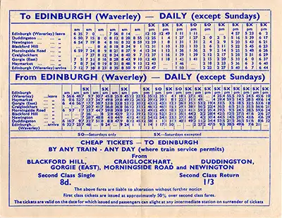 Inside of Edinburgh Suburban Line June 1962 timetable