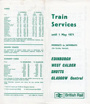 August 1970 Edinburgh - Glasgow via Shotts timetable outside