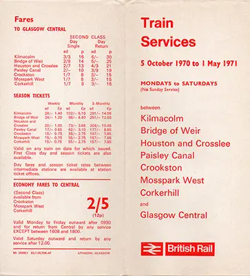October 1970 Kilmacolm - Glasgow timetable back