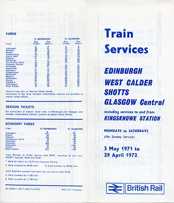 May 1971 Edinburgh - Glasgow via Shotts timetable outside
