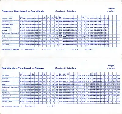 Inside of October 1972 Glasgow - East Kilbride and Barrhead timetable