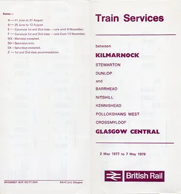 Kilmarnock - Glasgow May 1977 timetable outside