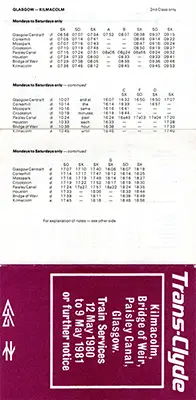 May 1980 Kilmacolm - Glasgow timetable back