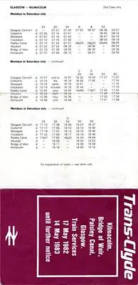May 1982 Kilmacolm - Glasgow timetable back