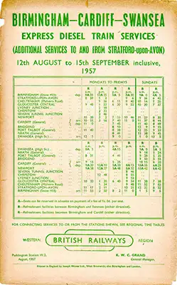 Front of August 1957 Birmingham - South Wales timetable