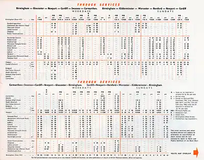 Inside of September 1961 Birmingham - South Wales timetable