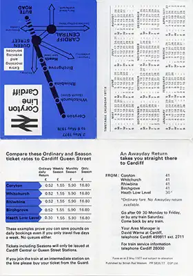 Coryton to Cardiff Bute Road May 1977 timetable outside