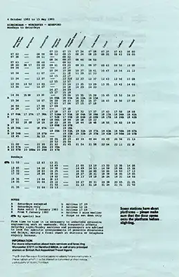 Back of October 1982 Hereford - Birmingham timetable