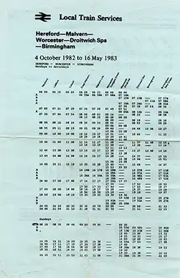 Front of October 1982 Hereford - Birmingham timetable