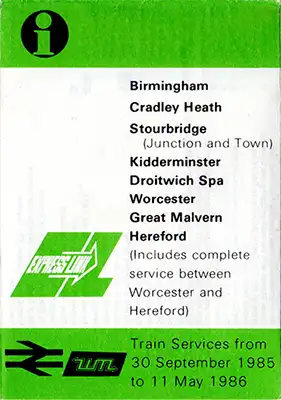 Front of September 1985 Hereford - Birmingham timetable